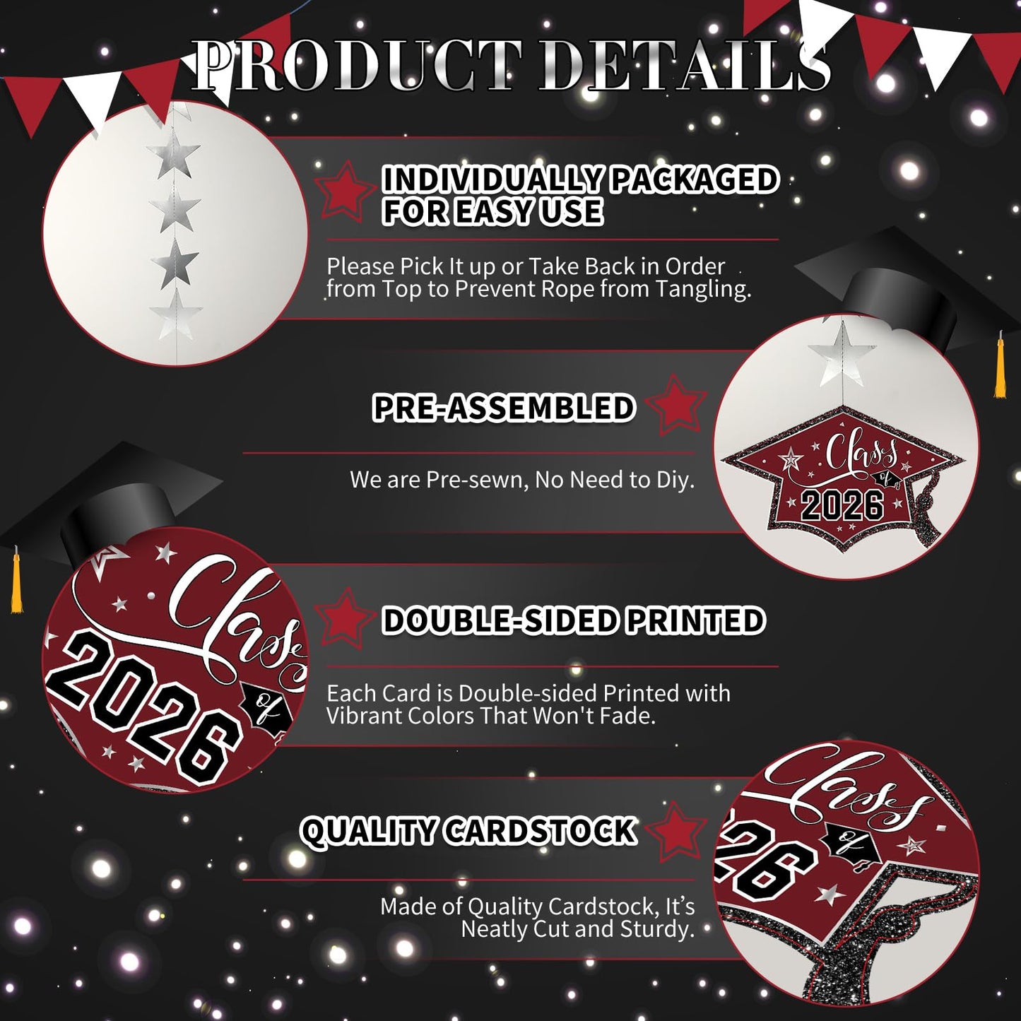 Yisong 14 Pcs Graduation Garland Class of 2026 Graduate Decoration Diploma Hat Star Congrats Garland Banner Congrats Grad Streamers Backdrop for Graduation Party Supplies College Grad Decor(Red) BST202