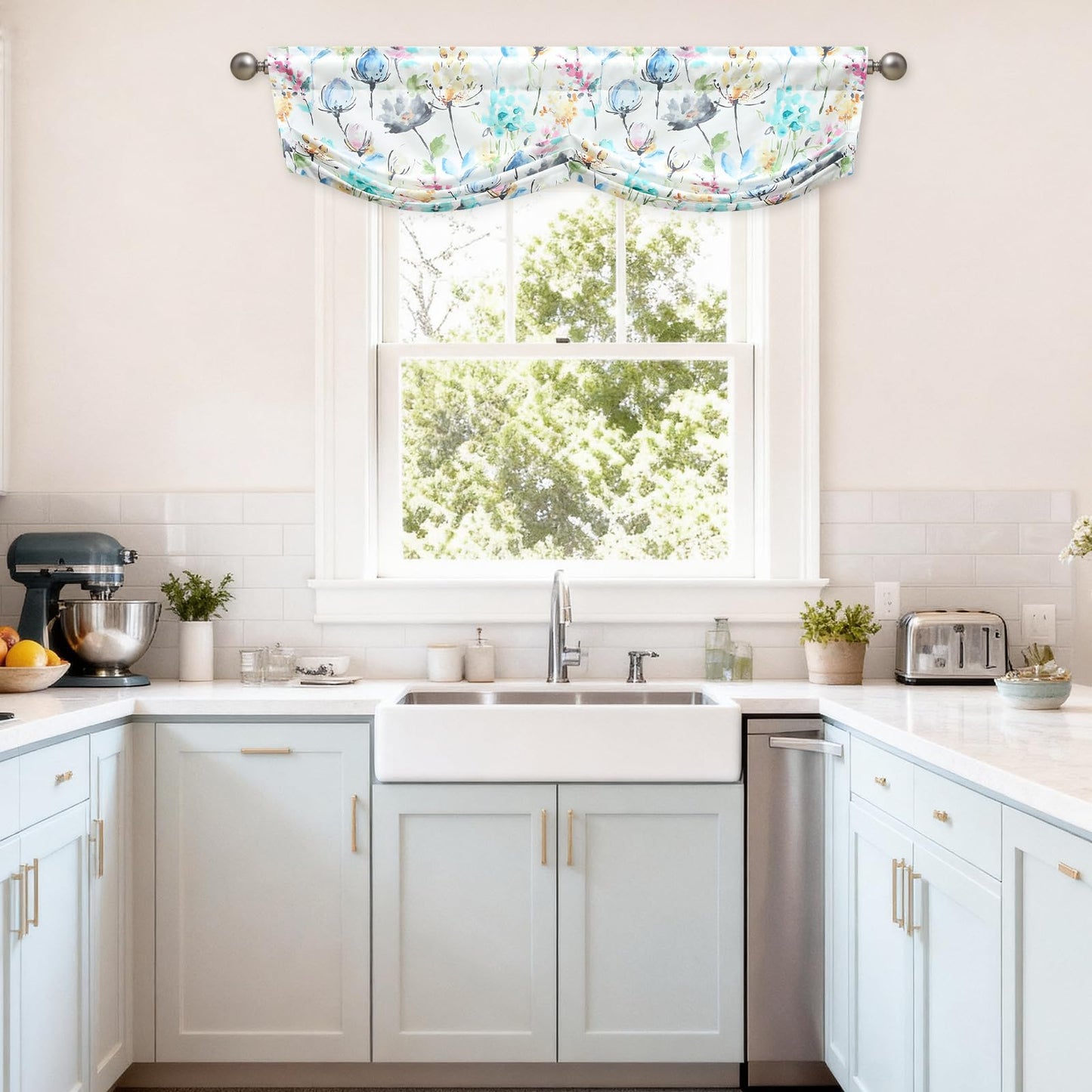 Leeva Farmhouse Kitchen Valances for Windows, Watercolor Blossoming Floral Print Curtains, Soft Faux Linen Curtain Toppers and Valances for Bedroom, 60 x 14 Inch, Brown & Grey, 1 Panel BST220