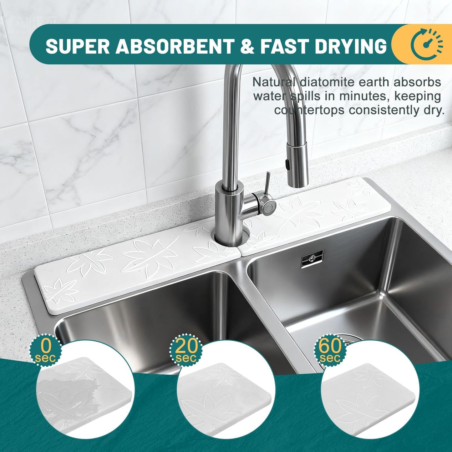 Hopegiver Stone Faucet Mat for Kitchen Sink - Fast Drying Diatomite Sink Protector Prevent Moisture, Super Water Absorbing Stone Tray for Kitchen & Bathroom Counter (White, 15.7"x3.9") BST326H