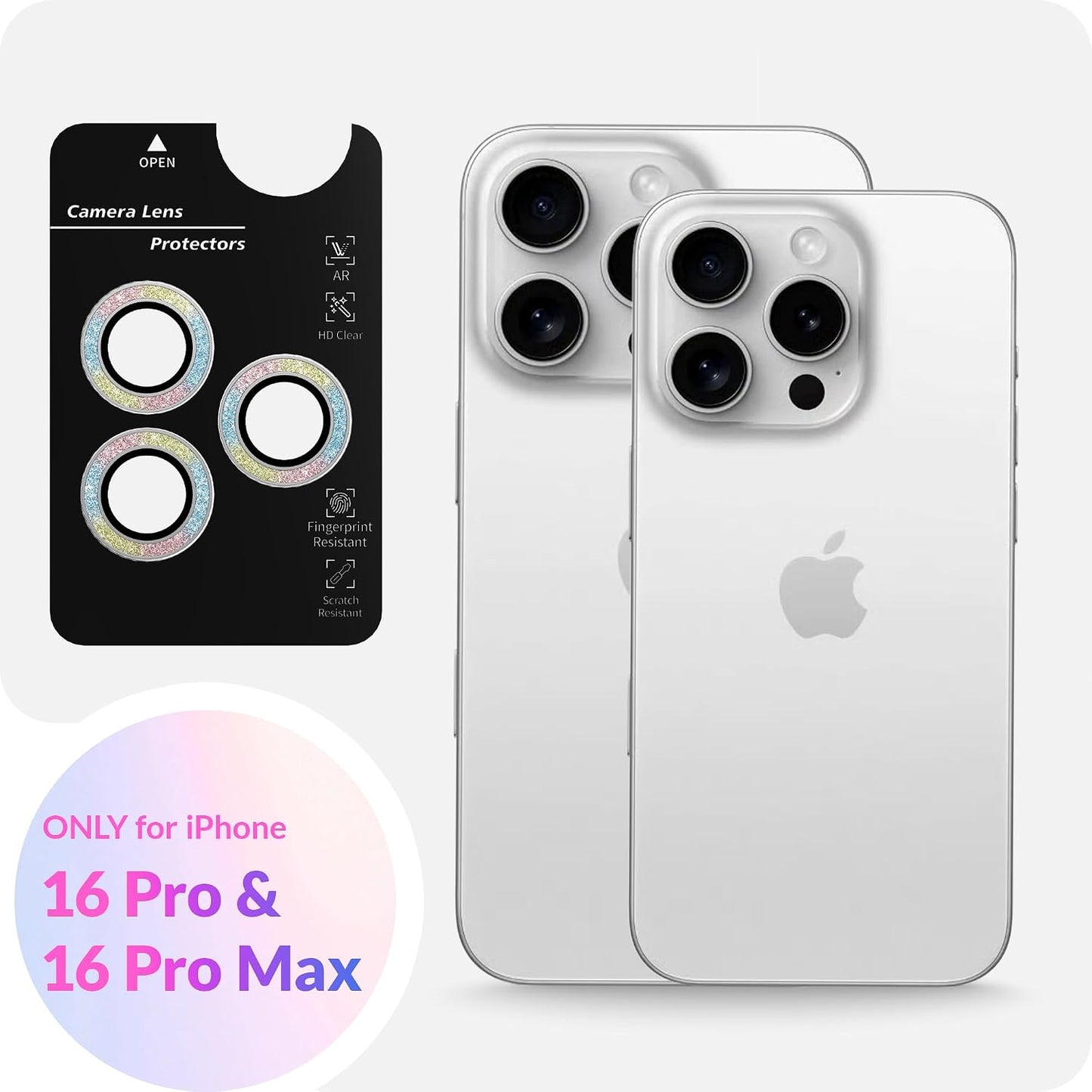 LONLI - for iPhone 16 Pro | 16 Pro Max - Triple Individual Camera Lens Protector - Rainbow Holographic Glitter WN420