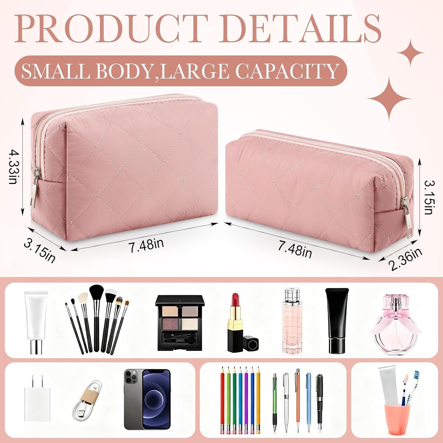 2 Pcs Puffy Makeup Bag Quilted Cosmetic Pouch for Women Cute Puffer Makeup Organizer Compact Toiletry Bags Preppy Pencil Case with Zipper Winter Gift for Women Girlfriend(Pink) WN420