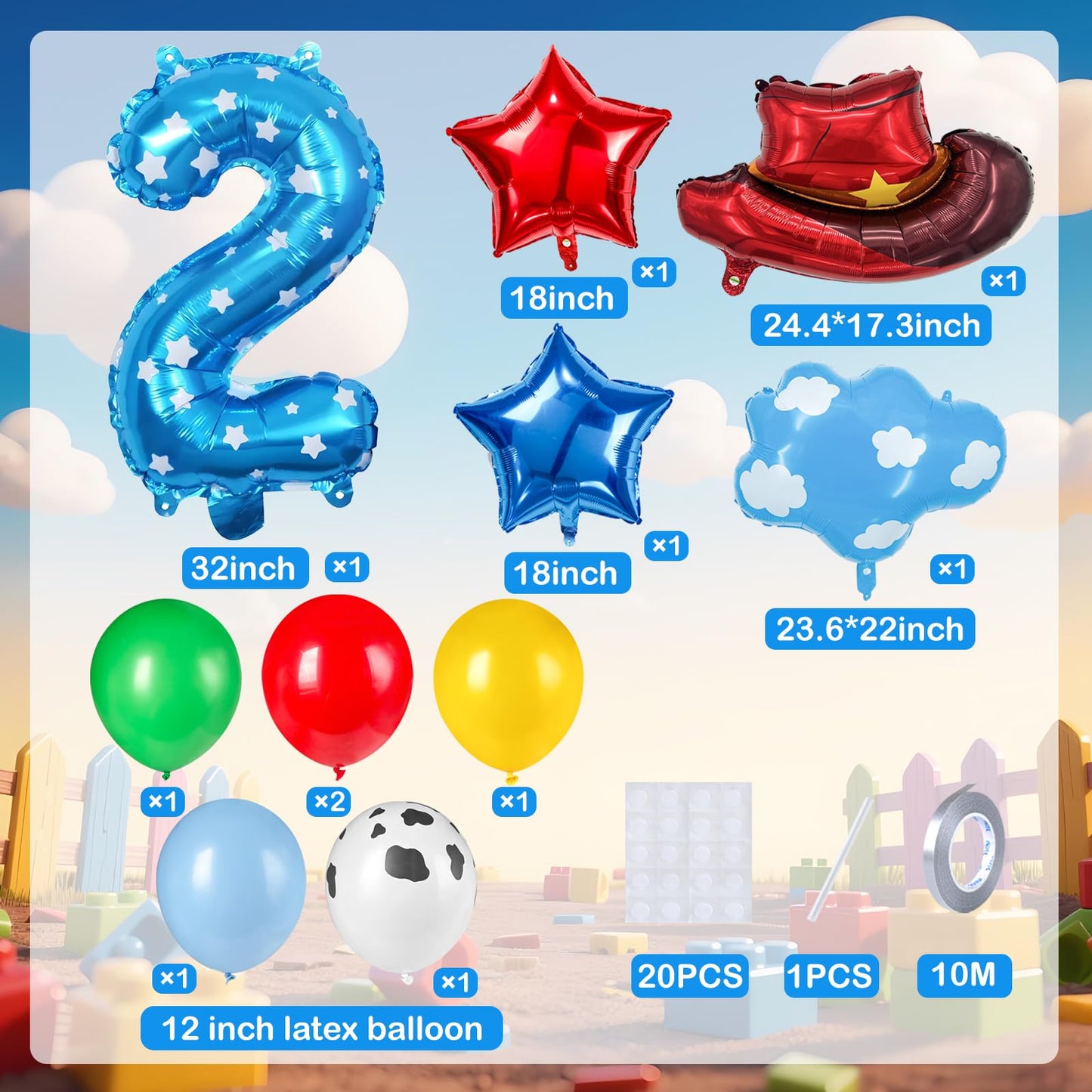 11-Pack Cowboy Theme Balloon Set, Farm Theme Decorations, Balloons with Hats and Clouds, Boys and Girls Birthday Party Supplies (1) BST202