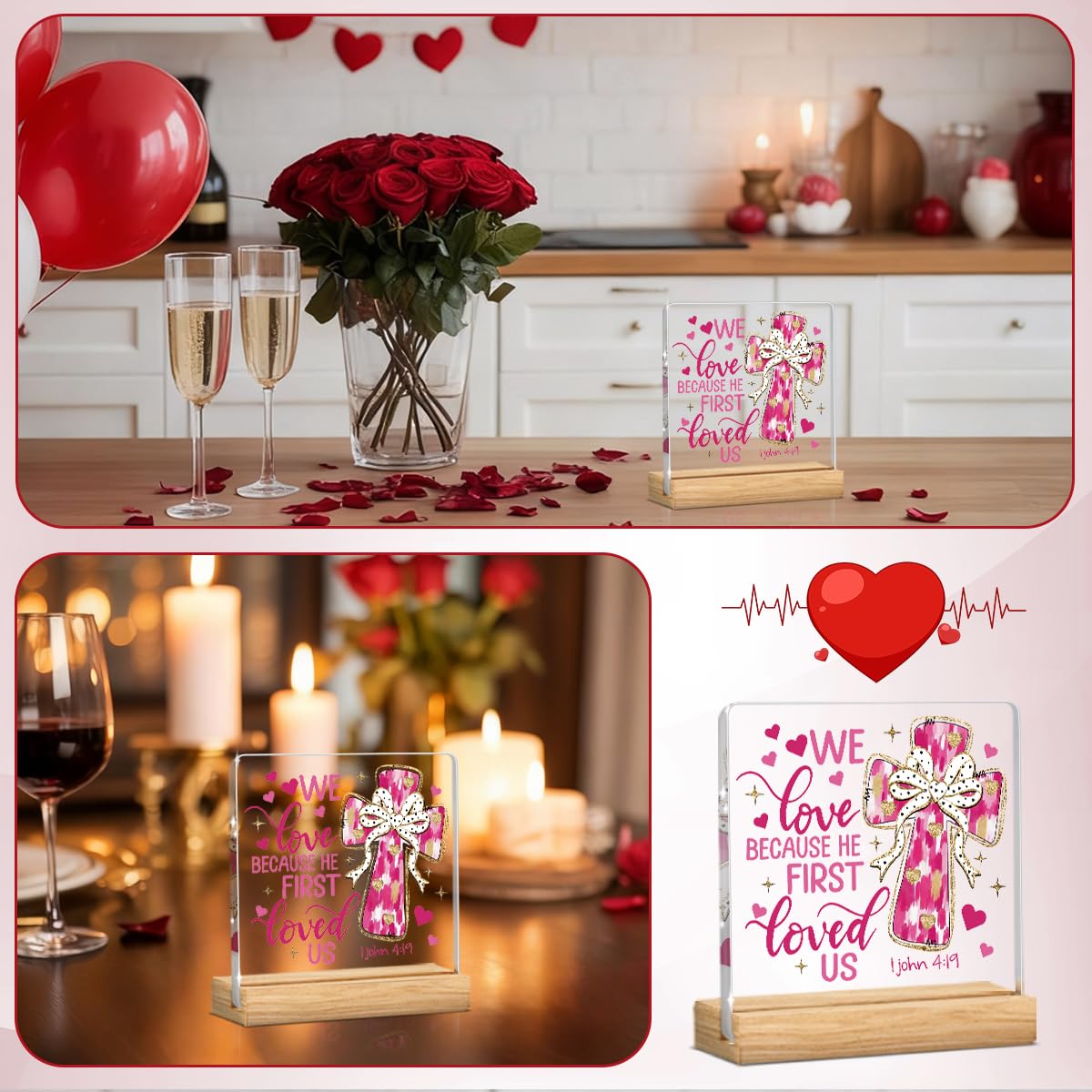 Valentines Day Decorations, Valentines Day Gifts for Her Him, Gift for Boyfriend Girlfriend Husband Wife, John 3:16 Pink Lover Bow Christian Acrylic Sign with Wooden Stand, Bedroom Office Desk Decor