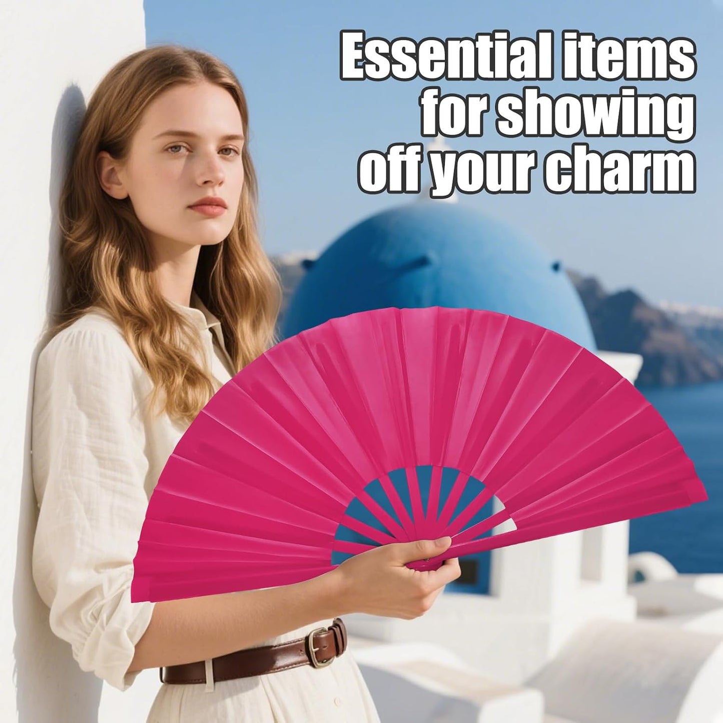 Handheld Folding Fan 13 Inch, Hand Fans for Women Foldable, Large Rave Fan, Dance Performance Prop Fan, Boots on the Ground Fan, Cool Fan on the Street Portable for Outdoor (1 Pcs Rose) WN420