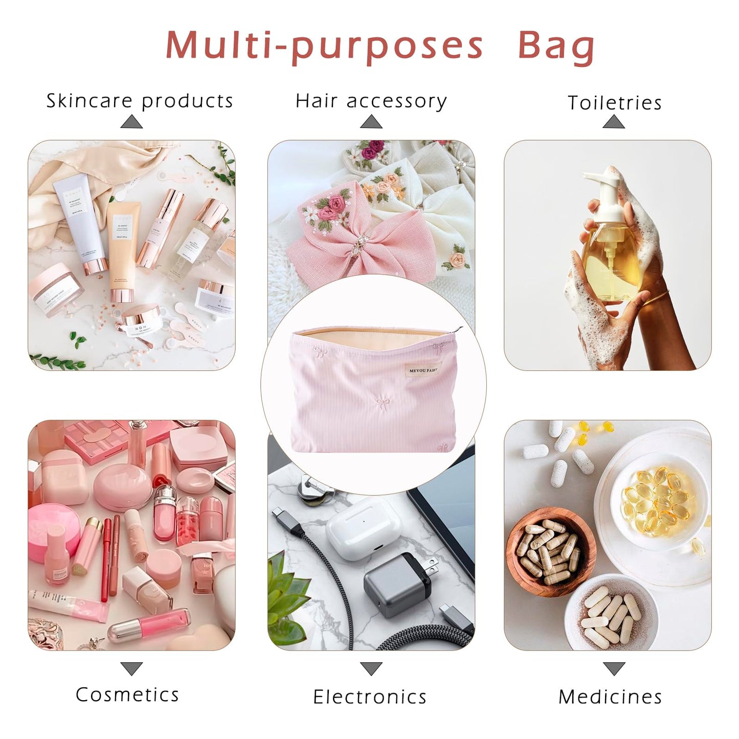 RSRSLEII Striped Makeup Bag for Women, White Cosmetic Bag with Bow, Travel Toiletry Cosmetic Bag with Zipper, Cute Women Aesthetic Organizer Storage Pouch, Girls Handbags Purses (06 White Stripe Bow) BST220