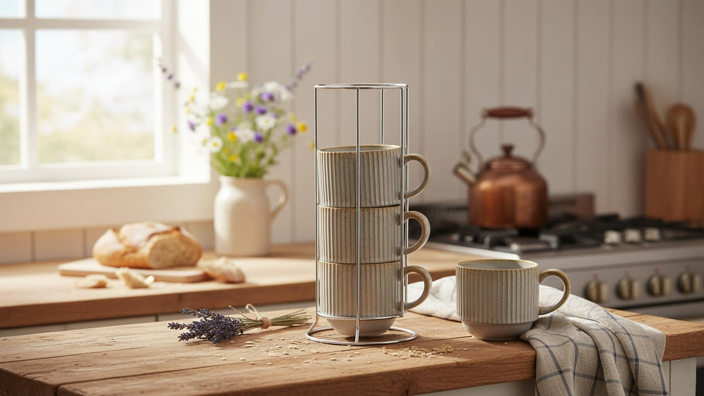 HASENSE 15 oz Ribbed Stackable Coffee Mug Set of 4, Porcelain Latte Cups with Metal Rack, Dishwasher & Microwave Safe, Cappuccino Tea Hot Cocoa, White BST220