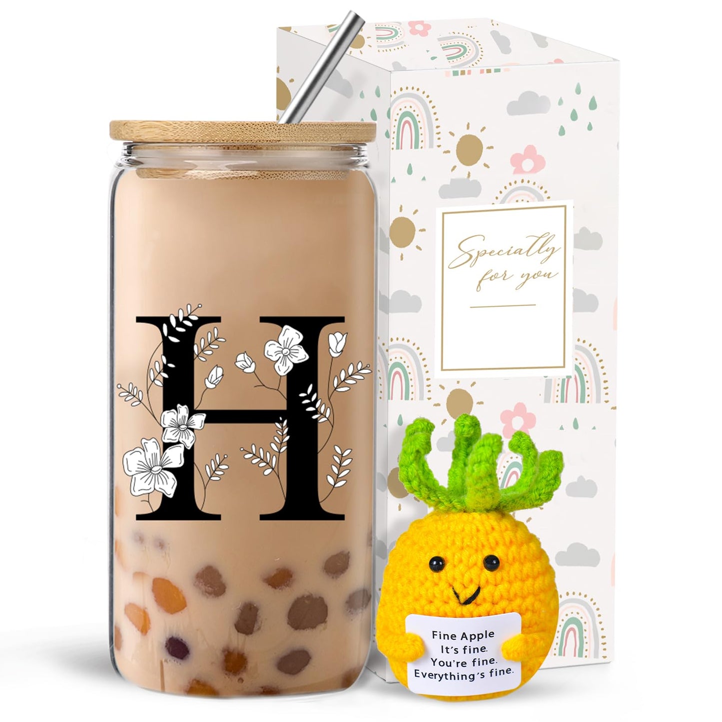 Monogrammed Initial Glass Cup with Lids and Straws gift for Women | Personalized Gift Set with Doll, 16 Oz Ice Coffee Cup ,reusable glass tumbler,Birthday Christmas Gift for Her,U WN420