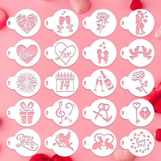 Konsait 20 Pack Valentine's Day Cake Stencils Reusable Coffee Cookie Decorating Stencils Mold Tools for Hot Cocoa,Dessert,Mousse and Cappuccino BST326L