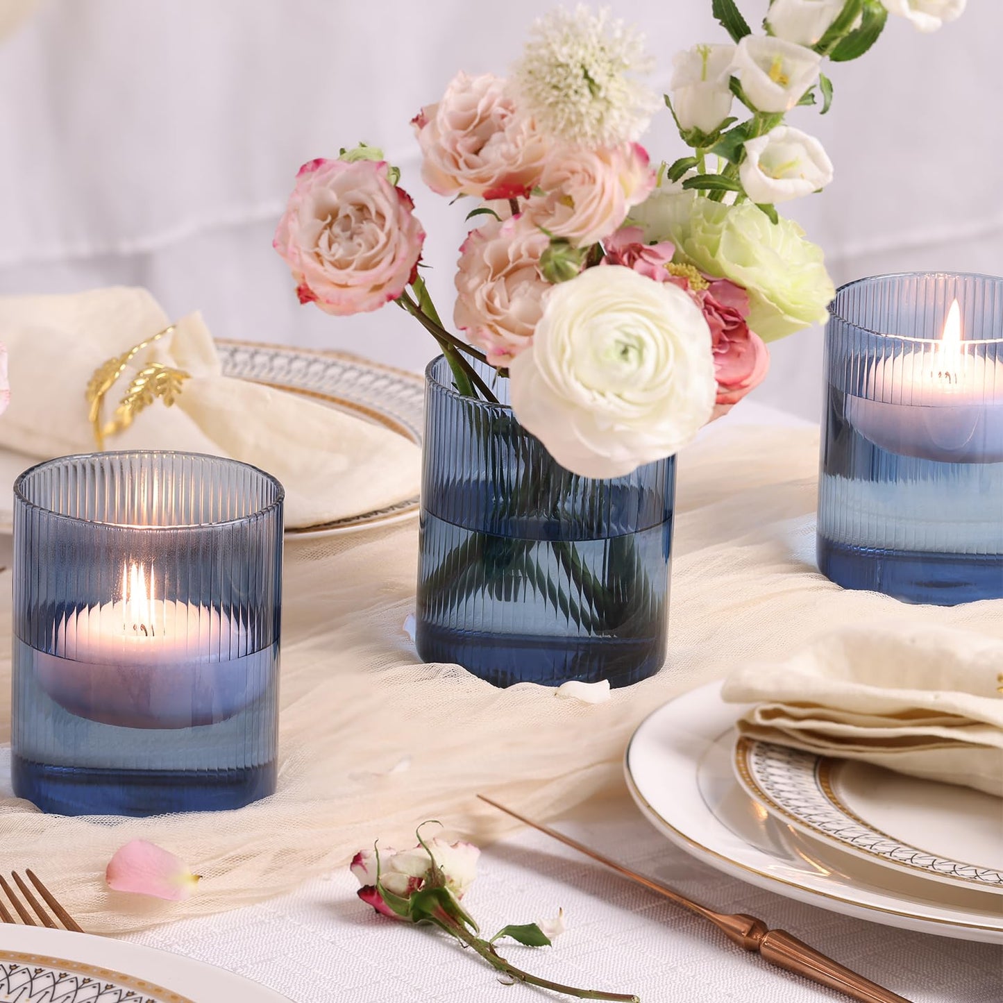Glass Ribbed Cylinder Vases, 8 Inch Tall, Clear, Pack of 3 | Flower Vases in Bulk, Hurricane Floating Candle Vases, For Party Home Decor BST326H