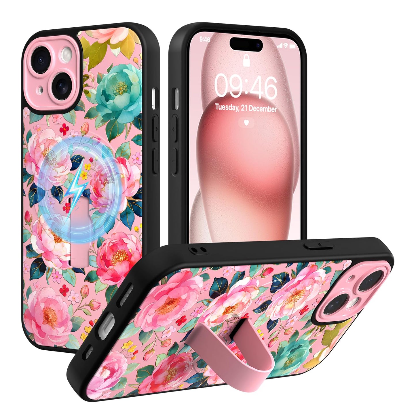 Compatible with iPhone 13 Case, Cute Cheetah Leopard Pattern | Built in Adjustable Wrist Strap Grip Hand Holder Stand Shockproof Kickstand Cover for Women Girls (Black White) WN420