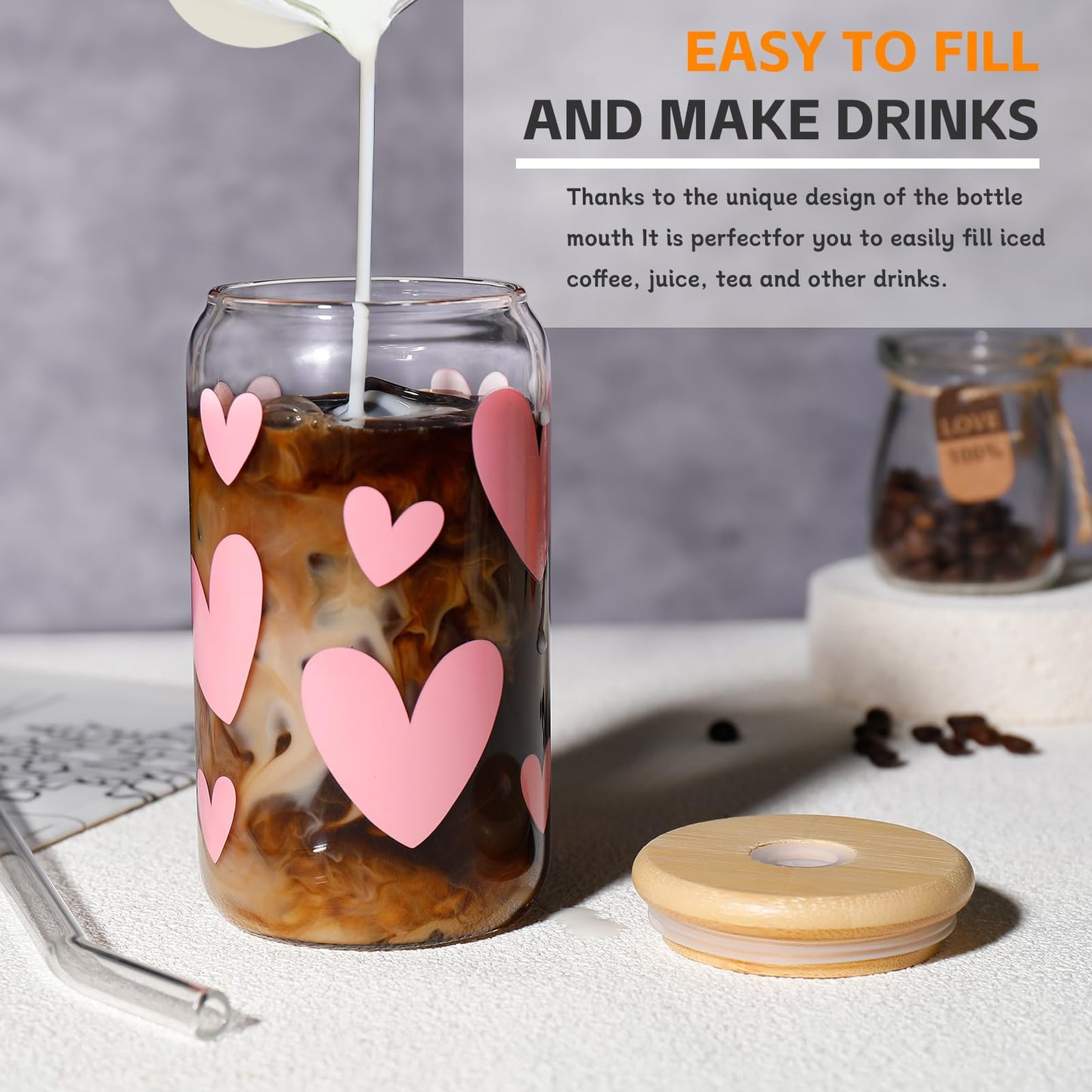 DWTS DANWEITESI Glass Cups “20oz”,Glass Cups with Lids and Straws 4 pcs-Coffee Cups,Drinking Glasses Set,Glass Tumbler with Straw and Lid Gift 2 Cleaning Brushes 600ml BST202