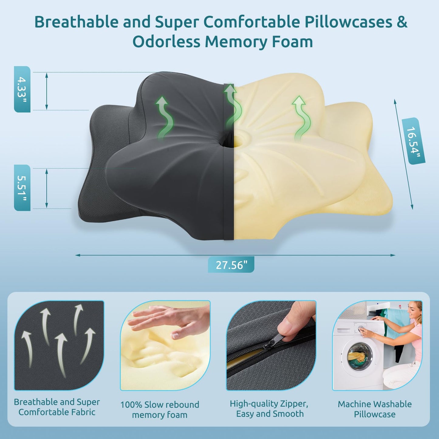 DONAMA Cervical Pillow for Neck and Shoulder,Contour Memory Foam Pillow,Ergonomic Neck Support Pillow for Side Back Stomach Sleepers with Pillowcase-Standard Size BST220