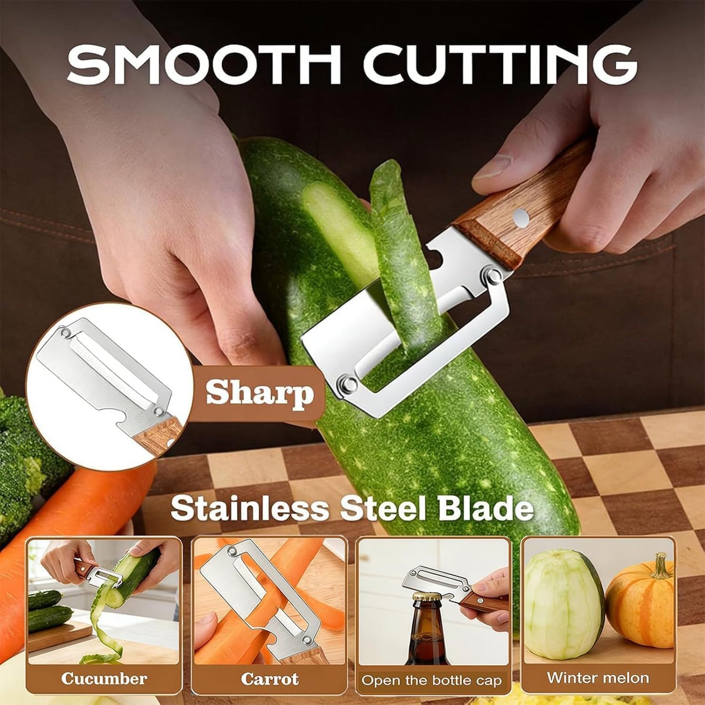 Vegetable Peeler with Wooden Handle and Bottle Opener, 2-in-1 Stainless Steel Kitchen Tool for Fruits, Potatoes, Pumpkins, 2 Pack BST326H