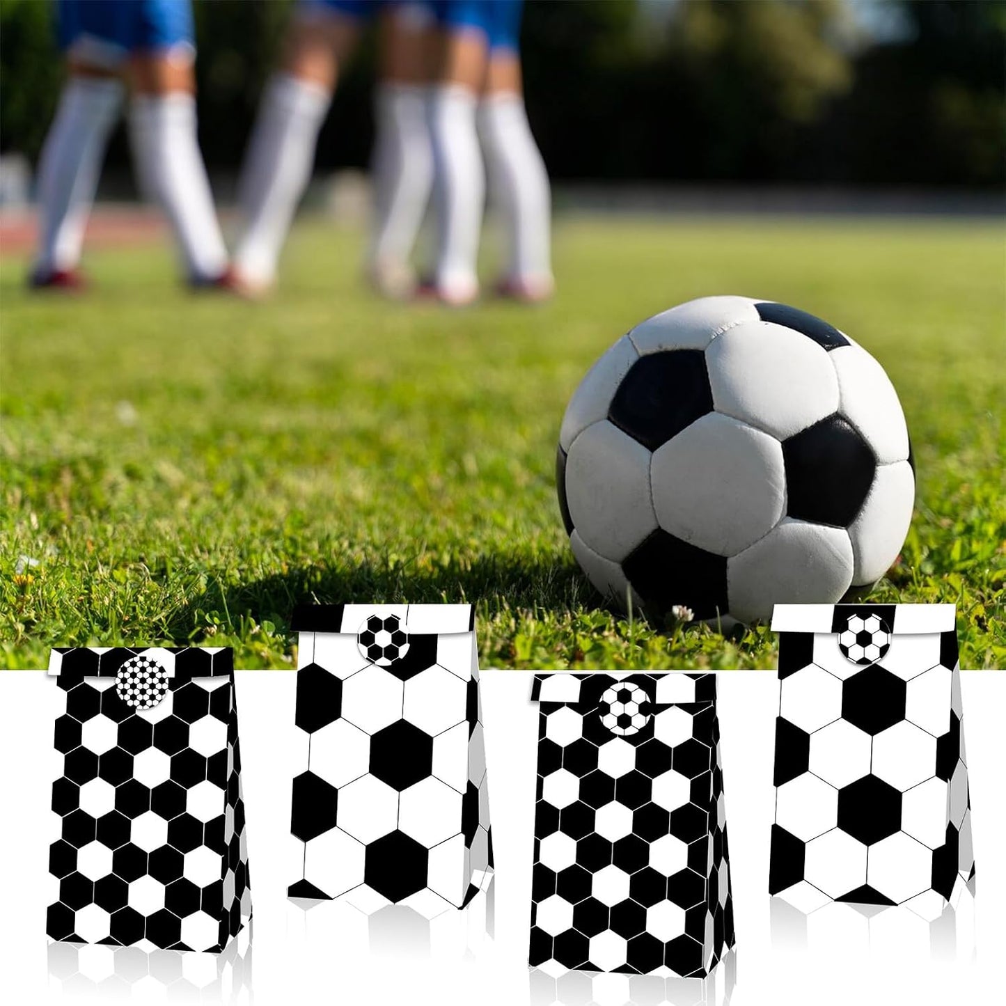 Qpout Soccer Goodie Bags Party Pack - 12 Snack Bags With Sealing Stickers for Kids Teams & Birthdays - Black & White BST326L