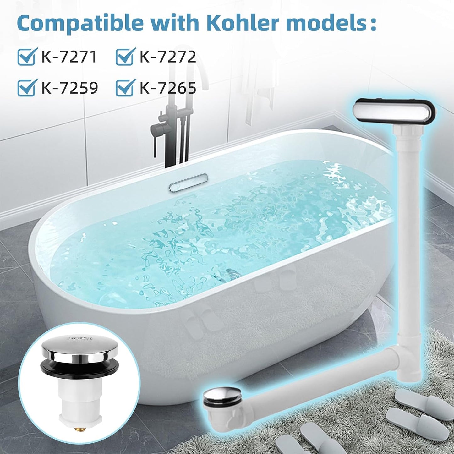 Pop Up Bathtub Drain Stopper Compatible with Kohler Bath Tub | 1068204 Cartridge Assembly Drain Plug Replacement Parts for Kohler K-7272, K-7271, K-7259 & K-7265 Bathtub Faucet BST326H