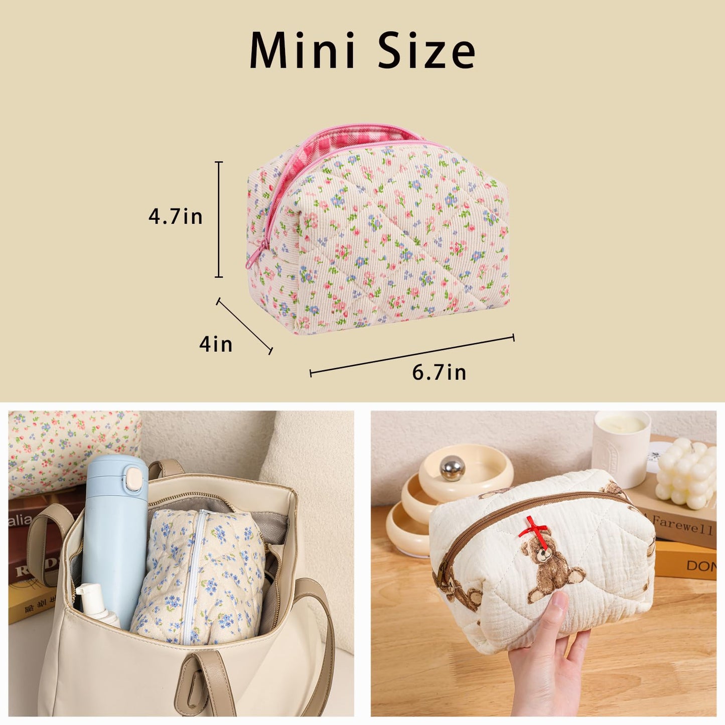 Cute Small Floral Cotton Makeup Bag, Quilted Zipper Pouch with Coquette Bear for Women and Girls, Kawaii Travel Cosmetic Bags for Purse(07Yellow and Pink Flower) BST220