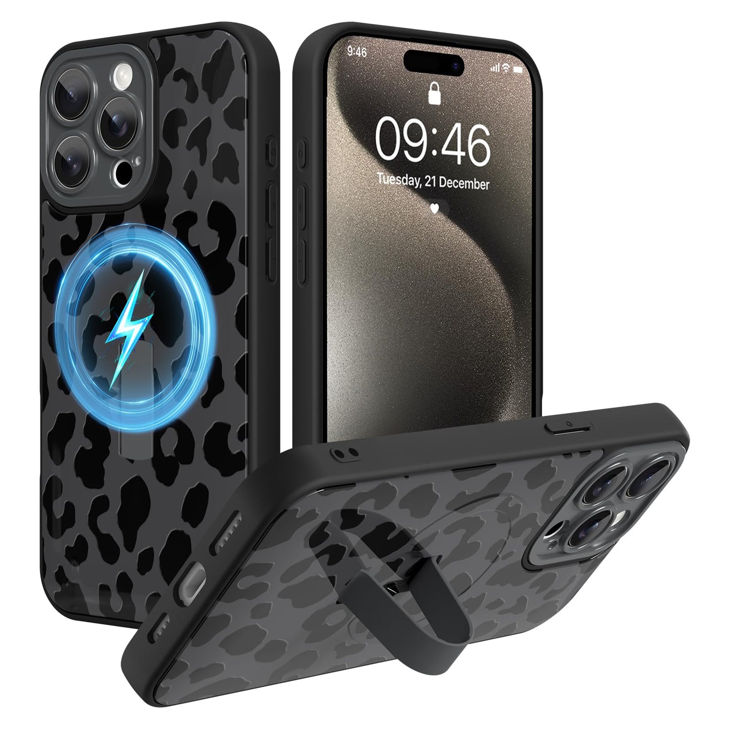 Compatible with iPhone 13 Case, Cute Cheetah Leopard Pattern | Built in Adjustable Wrist Strap Grip Hand Holder Stand Shockproof Kickstand Cover for Women Girls (Black White) WN420