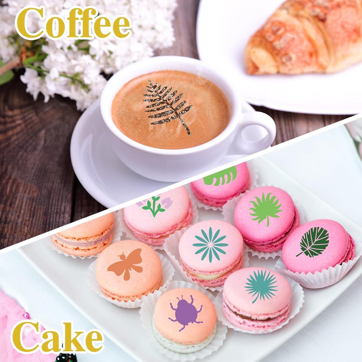 Konsait 20 Pack DIY Coffee Stencils Latte Art Templates for Decorations Reusable Cake Cookie Stencils,Includes Designs for Painting Butterfy, Flowers, Bunny, Bird,Perfect for Party Supplies BST326L
