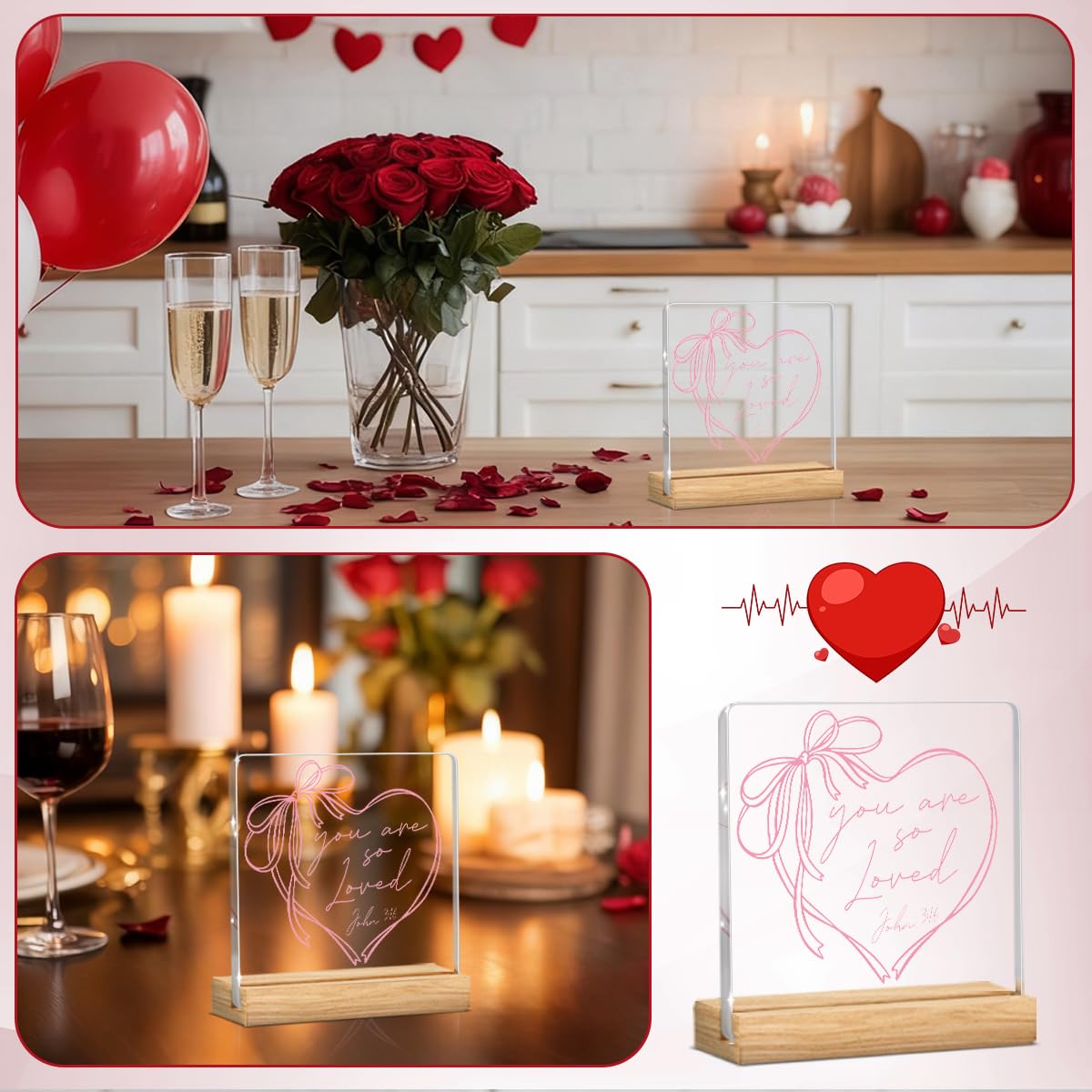 Valentines Day Decorations, Valentines Day Gifts for Her Him, Gift for Boyfriend Girlfriend Husband Wife, John 3:16 Pink Lover Bow Christian Acrylic Sign with Wooden Stand, Bedroom Office Desk Decor
