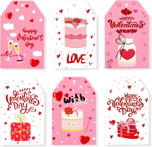Konsait 60 Pack Valentines Day Tags with String Pink and White Valentines Gift Tags for Gift Wrapping, DIY Crafts,Cellophane Treat Bags,Party Decorations BST326L