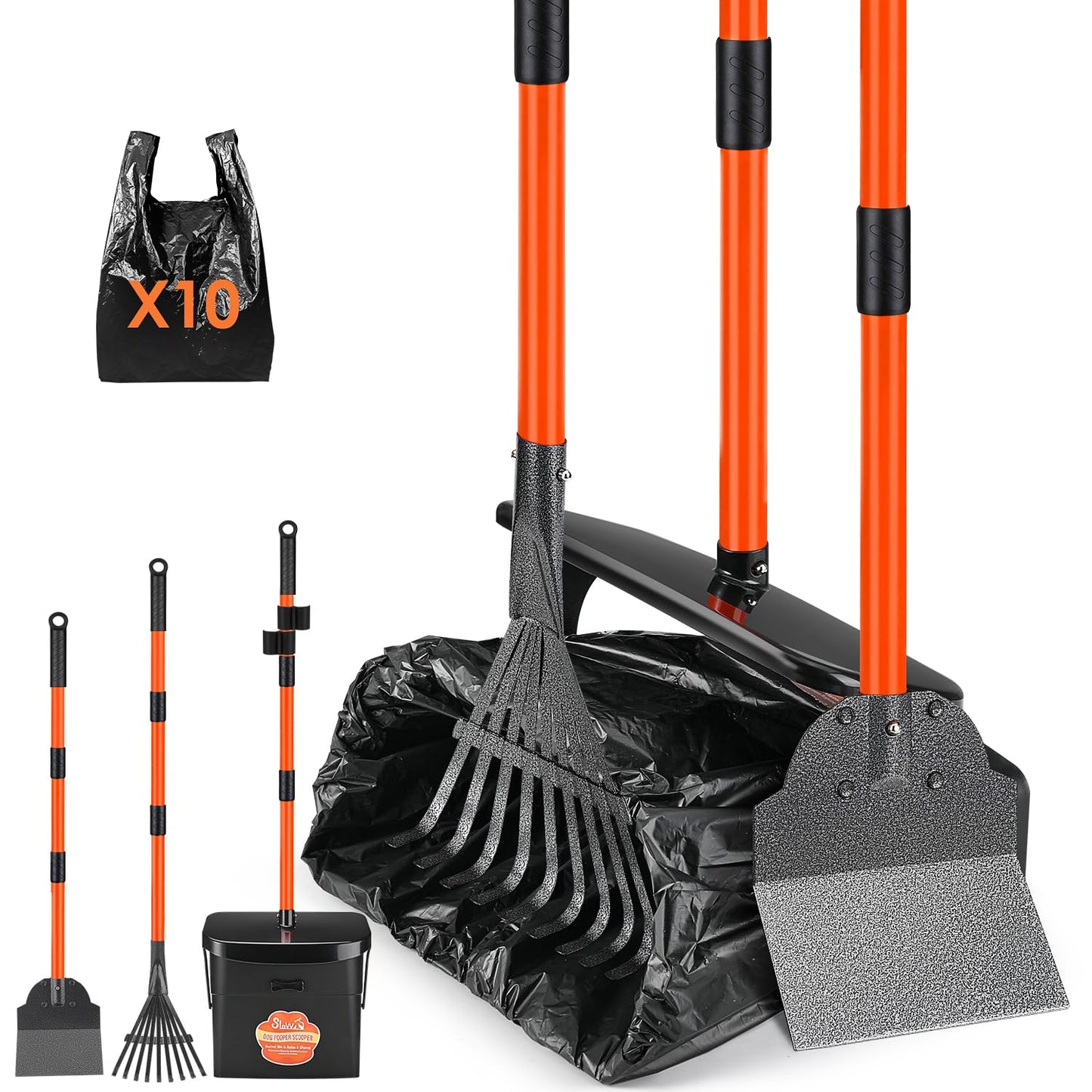 SlowTon Dog Pooper Scooper - 37.4" Long Metal Handle Adjustable Rake & Spade & Swivel Bin with 10 Waste Bags, Portable Pooper Scooper N3233