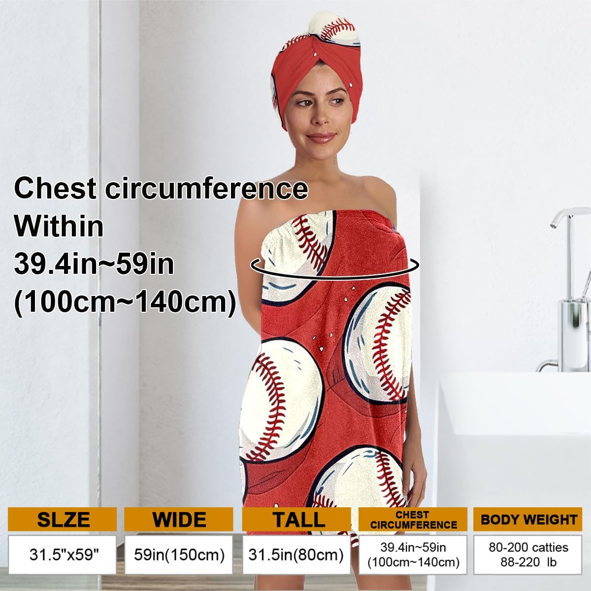 Baseball Pattern Microfiber Bath Wrap Set with Hair Turban, Red and White, Soft Absorbent Spa Towel Wrap for Women, 31.5x59 Inches BST202