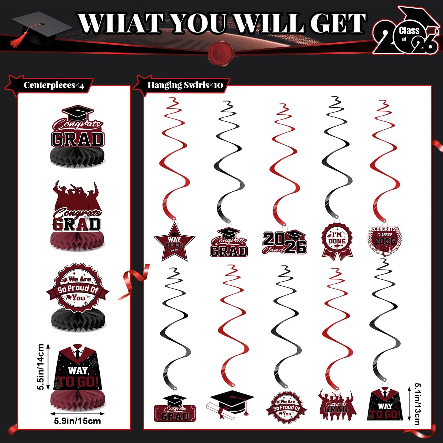 Graduation Decorations 2026-Black and Gold Graduation Party Decorations Supplies Class of 2026 with Graduation Banner, Backdrop, Balloons, Centerpieces, Hanging Swirl for Grad Party BST326H