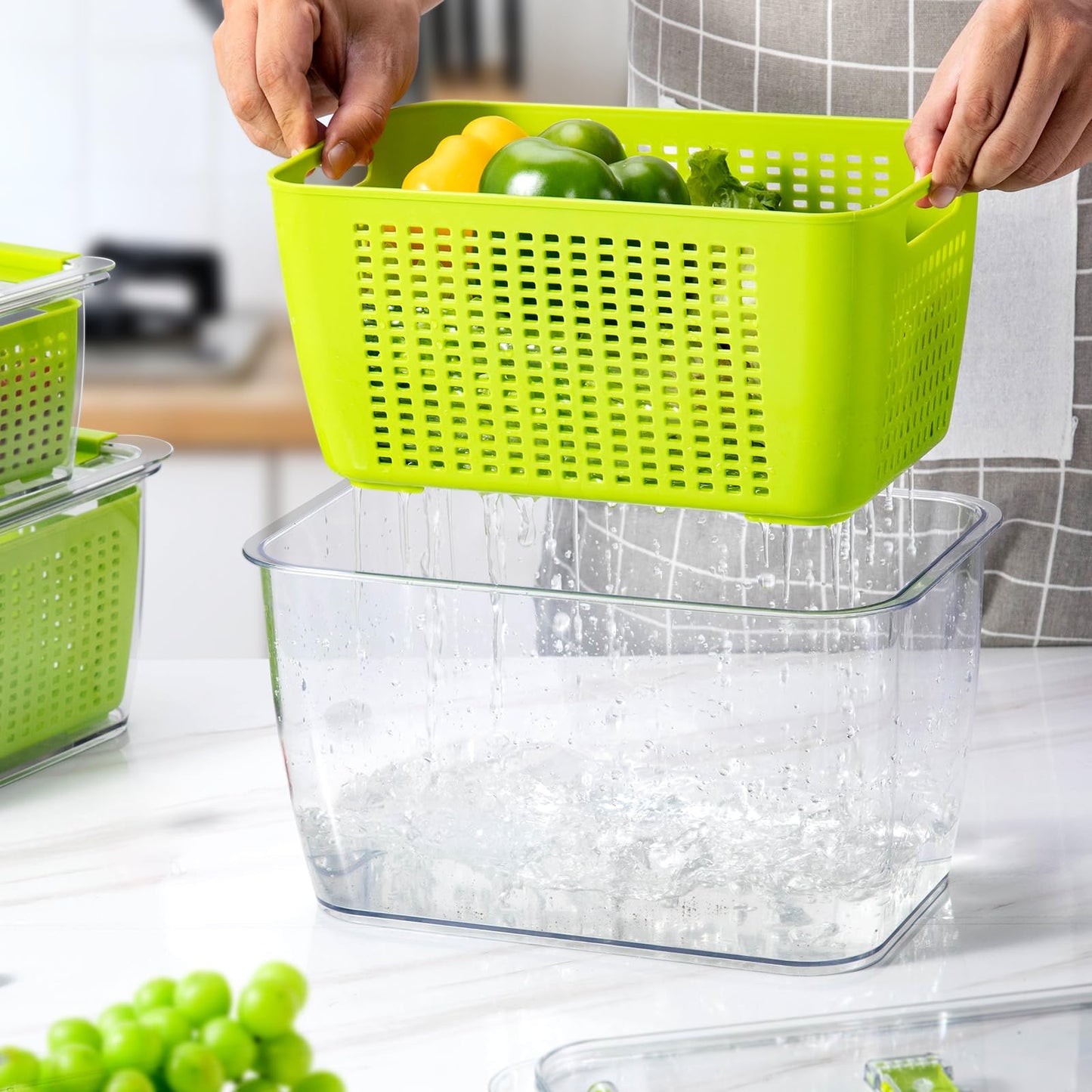 LUXEAR 4 Pack Fruit Vegetable Containers for Fridge, Produce Saver Container with Lids &Removable Colander BPA-free Refrigerator Storage Organizer for Fruit Vegetable, Berry, Meat keep Fresh Longer DD1210