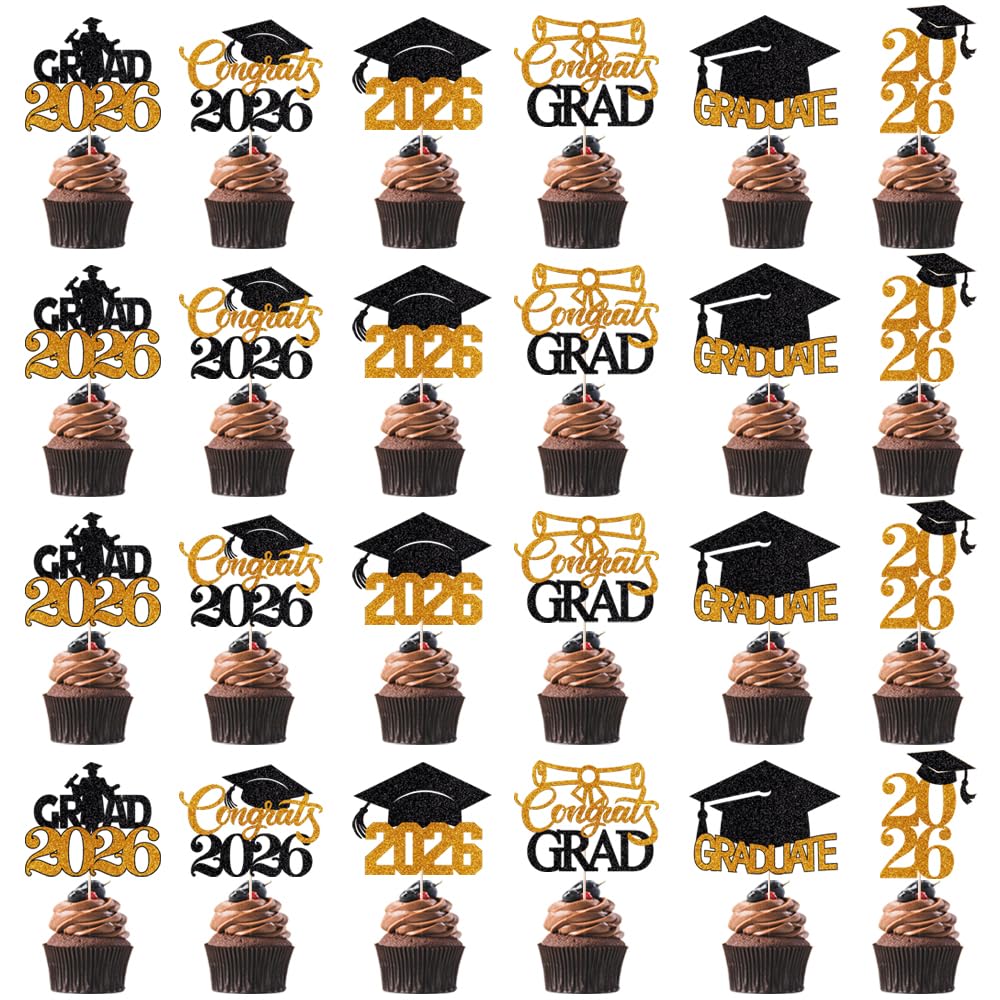 24Pcs Graduation Cupcake Topper, Glitter Class of 2026 Cupcake Topper Supplies for 2026 Congrats Grad Cap Diploma Cake Decor Graduate Celebration Party Cake Decorations Supplies (Black - 24) BST326L