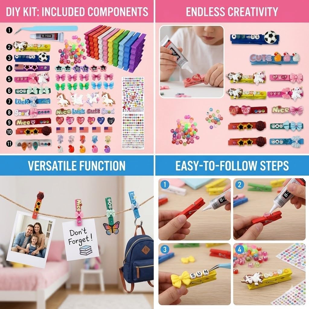 50pcs Cheer Pins Kit: Wooden Cheer Clothes Pins (2.8 inches) with Over 380 Unique Clip Charms, Including Cheer Pins for Cheerleaders, Zodiac Symbols, American Flag, Glowing Ducks and Turtles BST326H