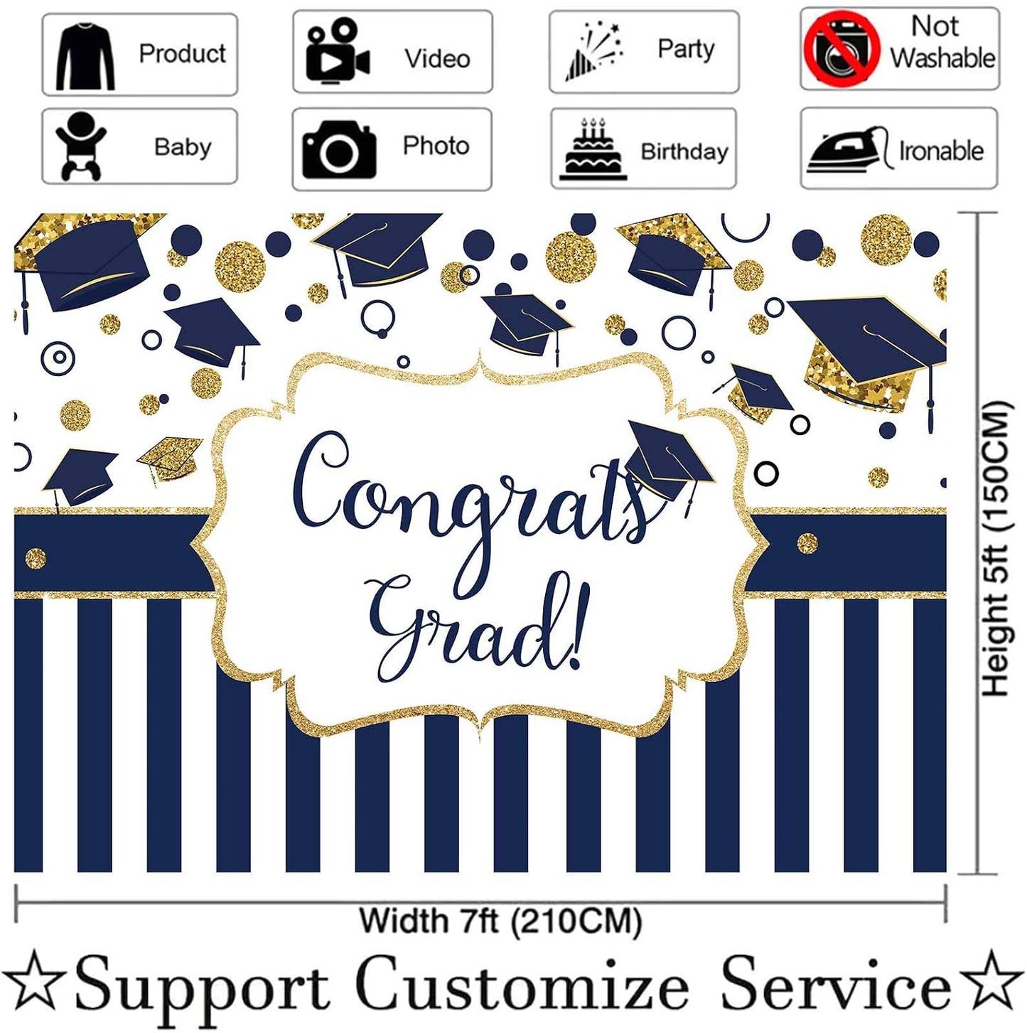 Allenjoy 7X5FT Class of 2024 Graduation Photography Backdrop Royal Blue and Gold Bachelor Cap Congrats Grad Party Banner Photography Background for Pictures Photo Photobooth Party Decoration WN420