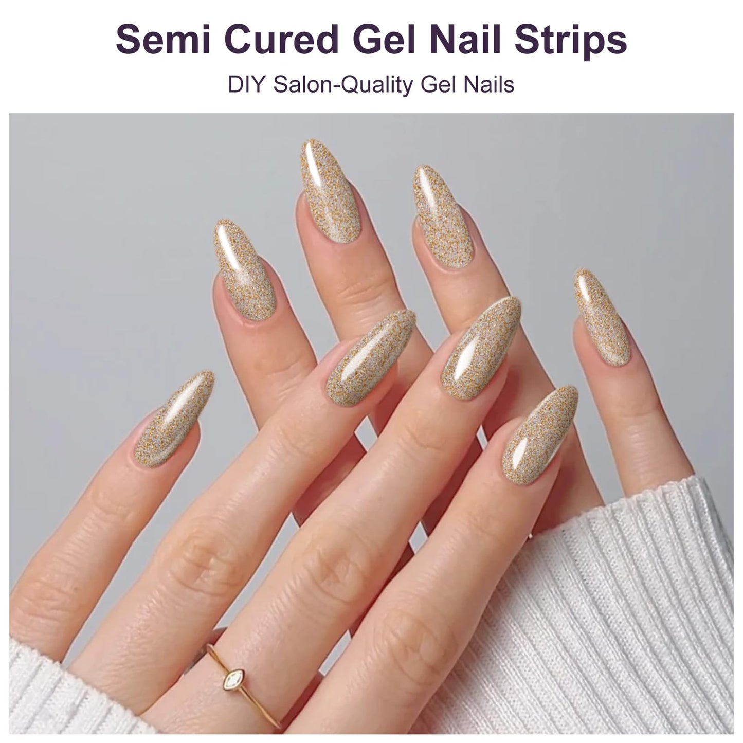 Semi Cured Gel Nail Strips, 56Pcs Nail Art Stickers/Wraps, Long Lasting UV Nail Polish Strips for Adults (Silver Rhinestones+French Tip Glitter) BST220