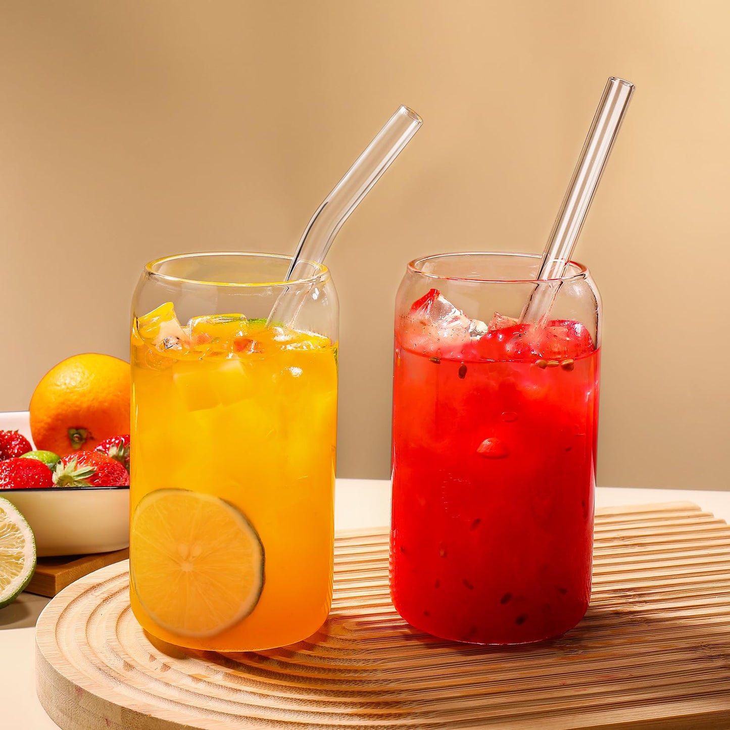 DWTS DANWEITESI Glass Cups “20oz”,Glass Cups with Lids and Straws 4 pcs-Coffee Cups,Drinking Glasses Set,Glass Tumbler with Straw and Lid Gift 2 Cleaning Brushes 600ml BST202