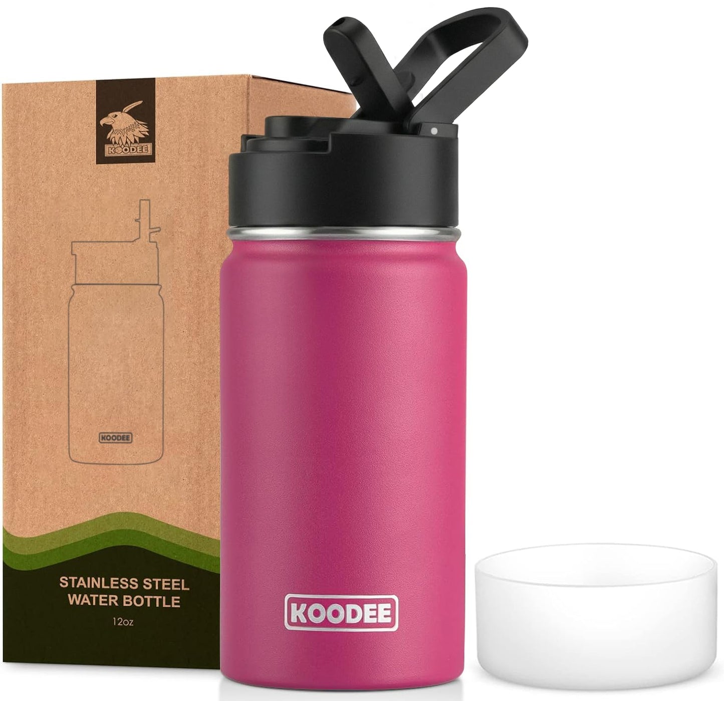 koodee Water Bottle-12 oz Stainless Steel Double Wall Vacuum Insulated Water Bottle for School-Wide Mouth Flask with Straw Lid (Teal) BST220