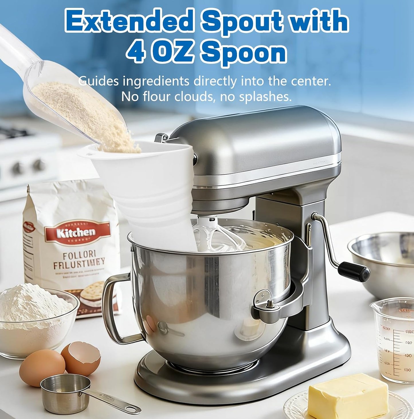 No-Mess Flour Funnel for Kitchen Aid Mixer Set, Extended Mouth Foldable Flour Funnel for Kitchenaid Stand Mixer Attachments for 4.5-7 Quart KSM150, Dishwasher Safe Pouring Chute BST326H