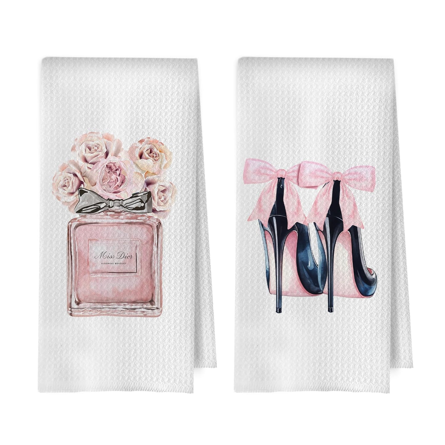 Black and Pink Hand Towels for Bathroom Set - Black and Pink Decorative Waffle Hand Towels, Girly Womens Bathroom Decor, 16x24 Inches Set of 2 BST220