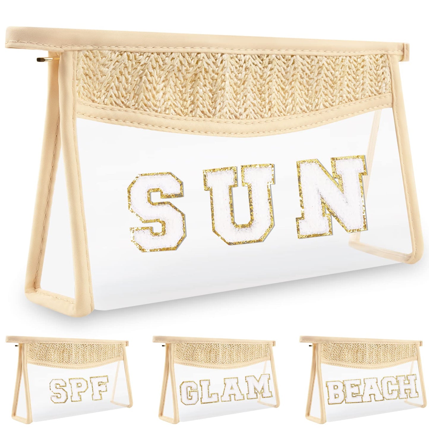 Boho Clear Makeup Bag Cosmetic Zipper Pouch Purse, Clear Toiletry Bags Travel Small Preppy Cute DIY Chenille Letter Bag, Transparent PVC Waterproof Clutch Make Up Organizer Storage Bag for Women Girls BST220