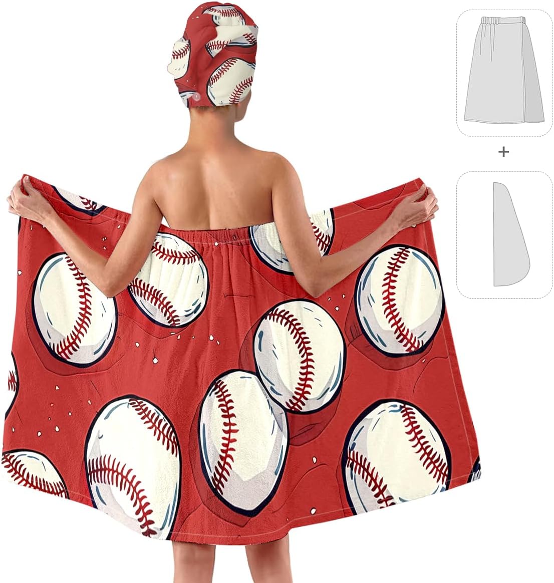 Baseball Pattern Microfiber Bath Wrap Set with Hair Turban, Red and White, Soft Absorbent Spa Towel Wrap for Women, 31.5x59 Inches BST202