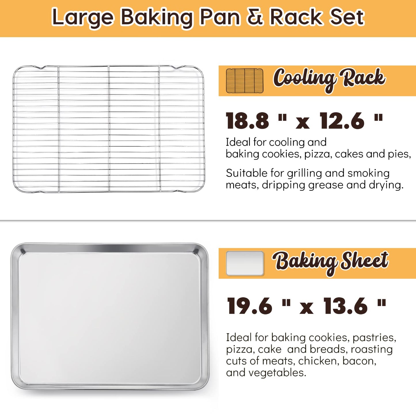 E-far Cookie Sheet with Rack Set, Half Sheet Baking Pan for Oven Cooking, 18”x13” Stainless Steel Rimmed Tray with Wire Cooling Rack for Roasting Broiling Bacon Meat Steak - Dishwasher Safe BST220