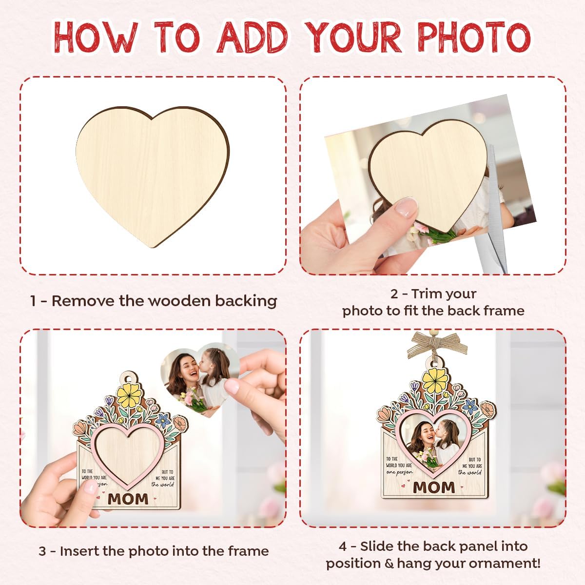 Mom Picture Frame Gifts from Daughter Son – Wooden Photo Frame Ornament with Sentimental Card, Car Photo Holder Decoration – Mother’s Day & Birthday Gifts for Mom, Bonus Step Mama WN420