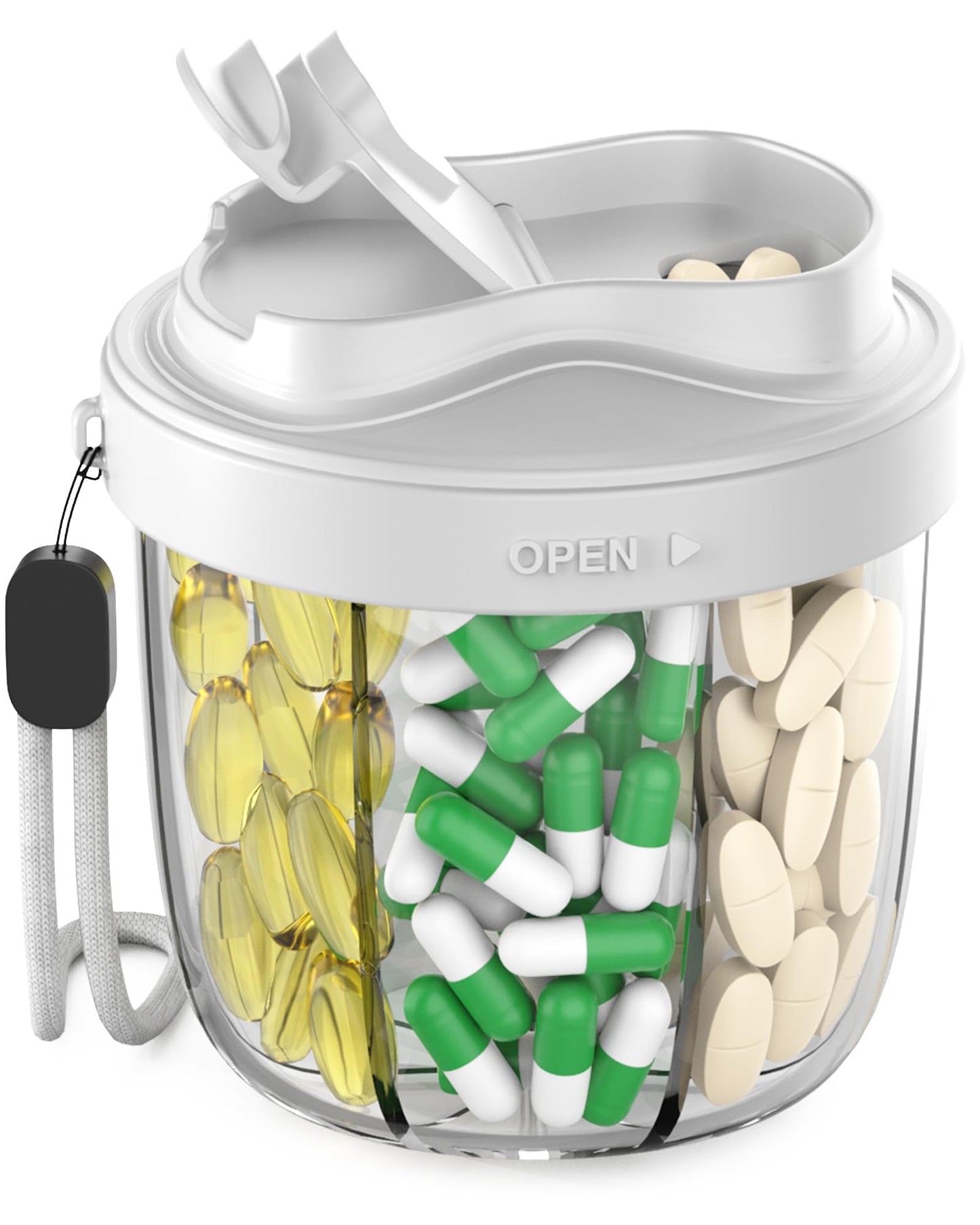 Cute Pill Organizer,Pill Dispenser with 7 Large Compartments,Portable Pill Bottle Box with Wide Opening for Easy Use, Anti-Mix Pills Organizer for Travel,Includes 20 Pcs Sticky Labels(Black) WN420