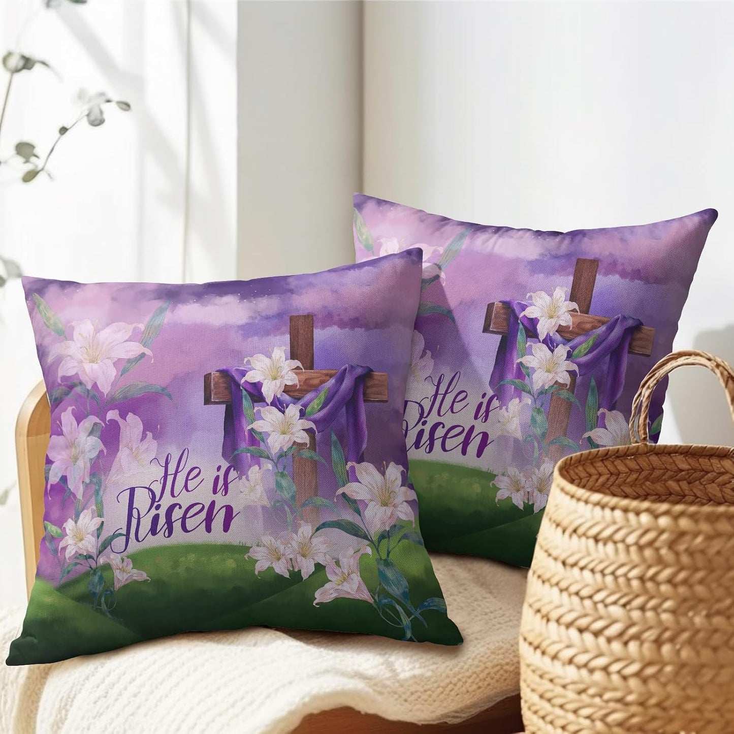 Kawani Easter Throw Pillow Covers 18x18 Set of 2 He is Risen Cushion Case Cotton Linen Square Happy Easter Purple Throw Pillows Case for Spring Flowers Party Sofa Couch Bed Bench Outdoor BST326L