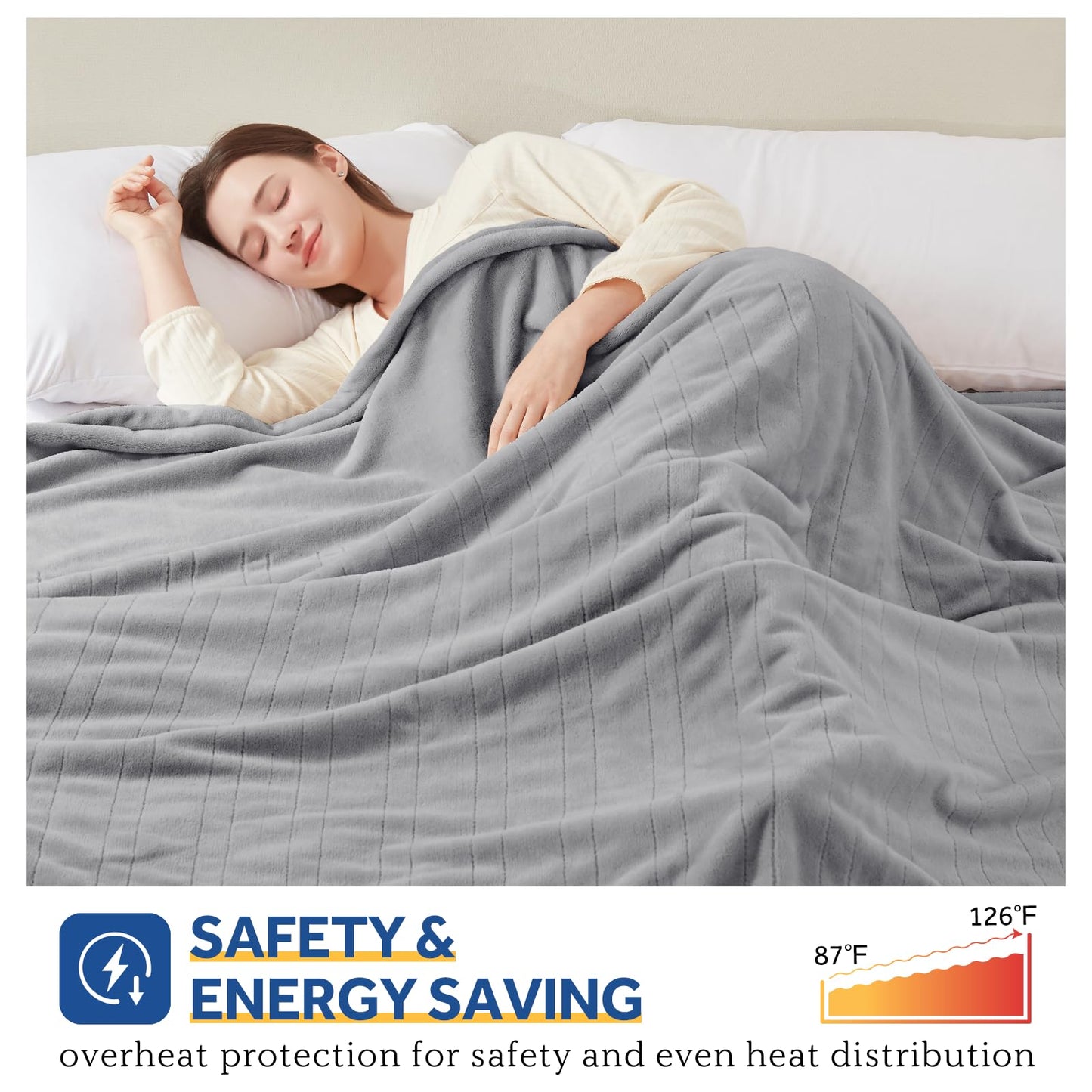 Sealy Heated Electric Blanket Queen Size, Flannel Electric Blanket with 10 Heating Levels & 1-12 Hours Auto Shut Off, Fast Heating Warming Blanket, Machine Washable, Grey, 84 x 90 Inch