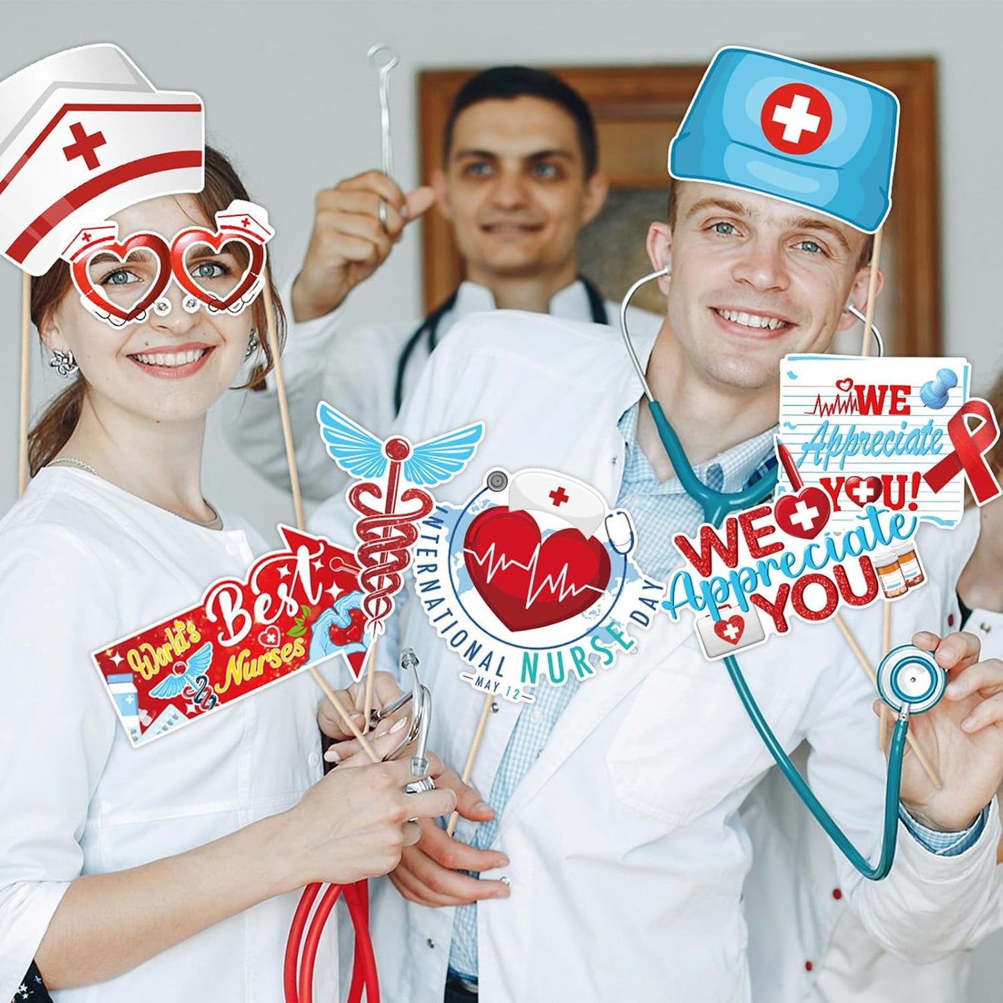 30 PCS Nurse's Day Photo Booth Props with Stick, DIY Thank You Nurses Medical Selfie Picture Props, Medical Nursing Party Decorations Nurse School Graduation Supplies BST220