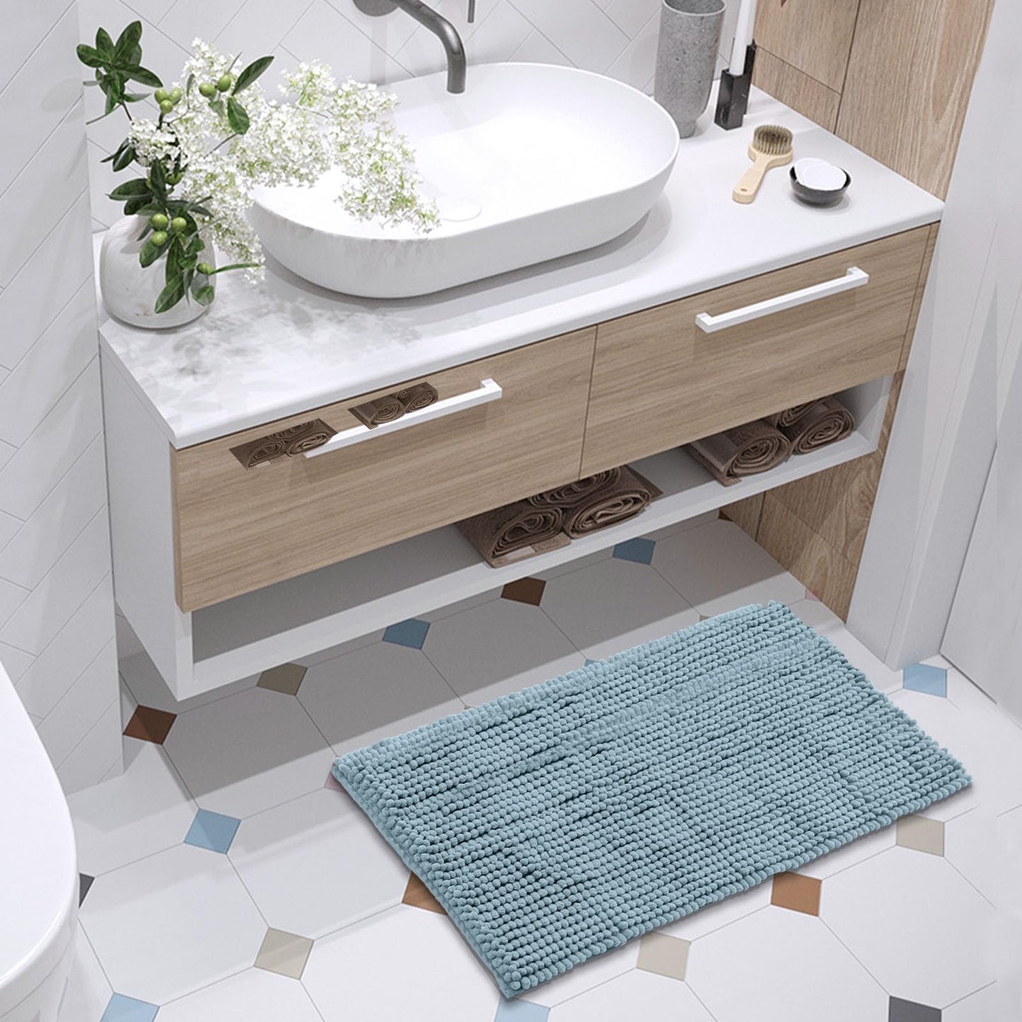 FRESHMINT Chenille Bathroom Rugs Mat 24"x17", Non-Slip Bath Mat for Bathroom Floor & Bathtub, Washable Soft Shower Shag Bath Rugs, Fluffy Thick Water Absorbent Microfiber Shower Mat, Sage Green BST220