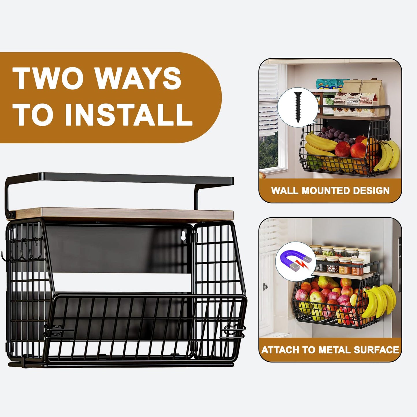 Magnetic Shelf for Fridge,Hanging Wall Basket for Potato Onion Fruit and Vegetable Storage Bins,Large Produce Container Magnetic Spice Rack for Refrigerator Kitchen Counter Pantry,Black BST220