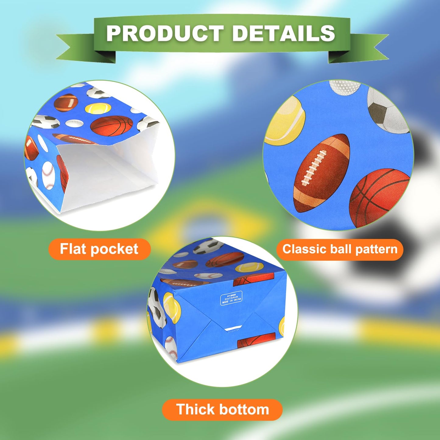 Pinsit 30PCS Paper Sports Party Favors Bags, Baseball Party Bags, Soccer Baseball Football Basketball Goodie Bag without Handles, Treat Candy Bag for Birthday, 9.45 x 5.12 x 3.15 Inches(White + Green) BST220