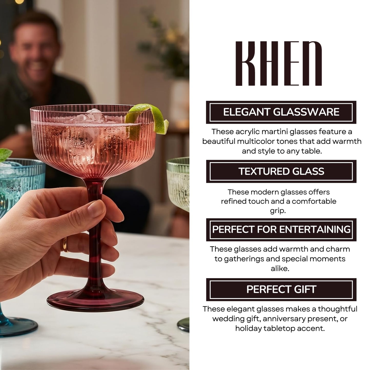 Khen Pink Peach Acrylic Ribbed Coupe Martini Champagne Cocktail Glasses, Set of 4, 8 oz Shatterproof Ripple Stemware European Style Reusable Drinkware Goblets, Indoor Outdoor Parties Weddings Bar Gift BST220