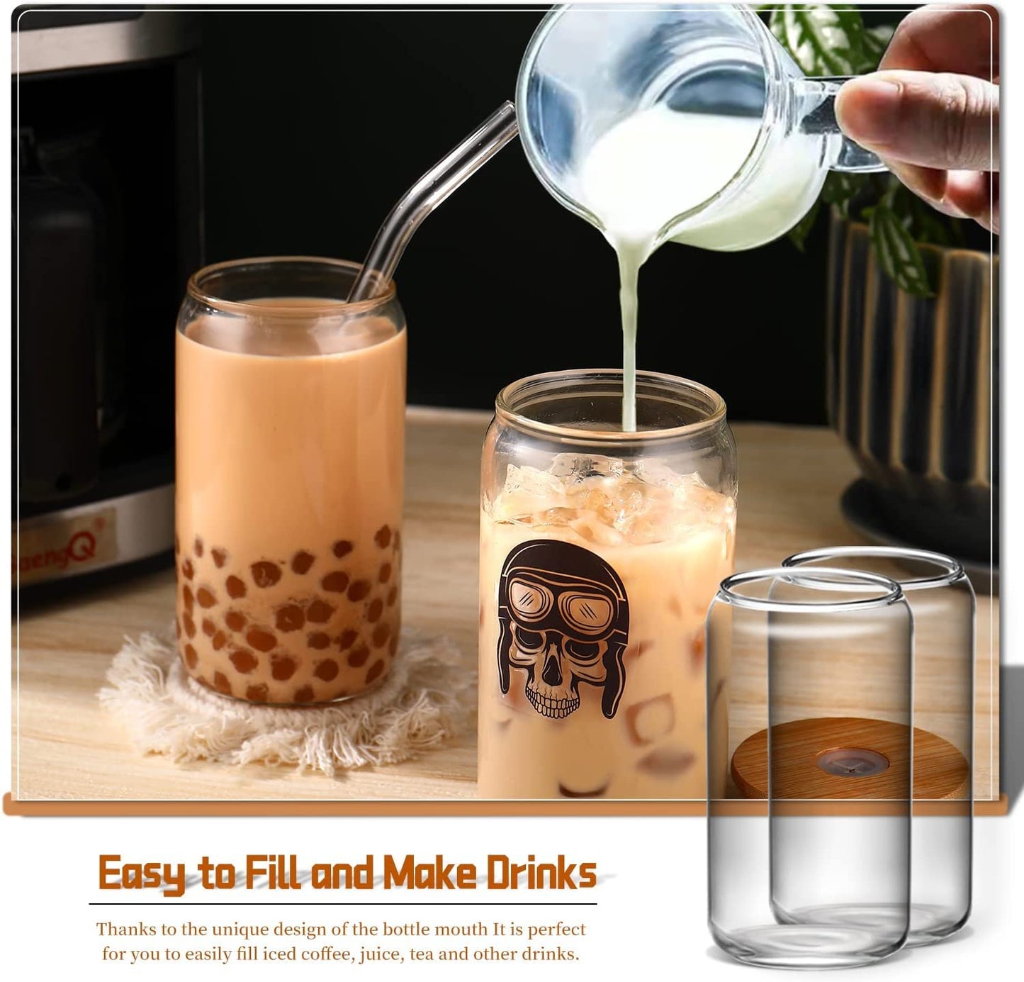 DWTS DANWEITESI Glass Cups “20oz”,Glass Cups with Lids and Straws 4 pcs-Coffee Cups,Drinking Glasses Set,Glass Tumbler with Straw and Lid Gift 2 Cleaning Brushes 600ml BST202
