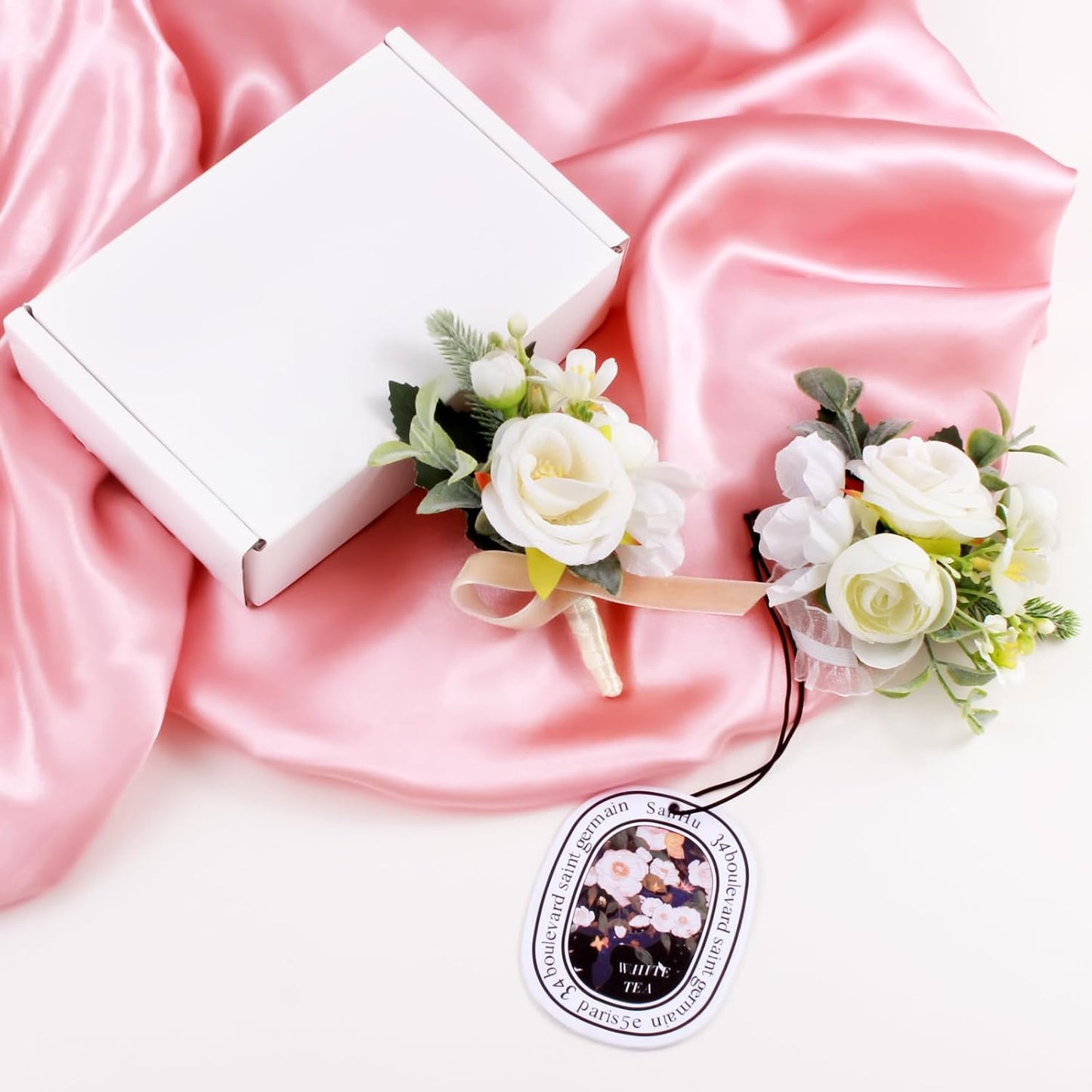 Prom Corsage And Boutonniere Set Orange – Artificial Silk Wrist Corsage & Boutonniere For Men Wedding – Groom Boutonniere For Prom, Homecoming, Courthouse Wedding, White Rose Corsage Wristlet Gift Set BST202
